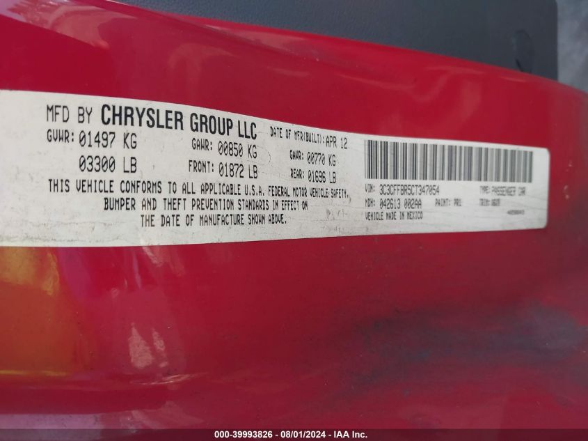 2012 Fiat 500 Sport VIN: 3C3CFFBR5CT347054 Lot: 39993826