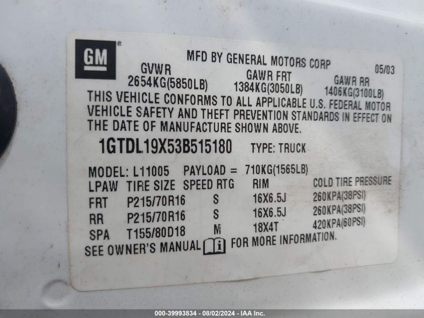 1GTDL19X53B515180 2003 GMC Safari Standard