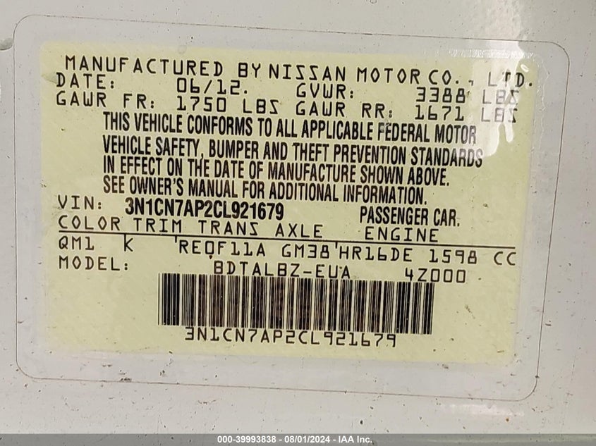 2012 Nissan Versa S/Sv/Sl VIN: 3N1CN7AP2CL921679 Lot: 39993838