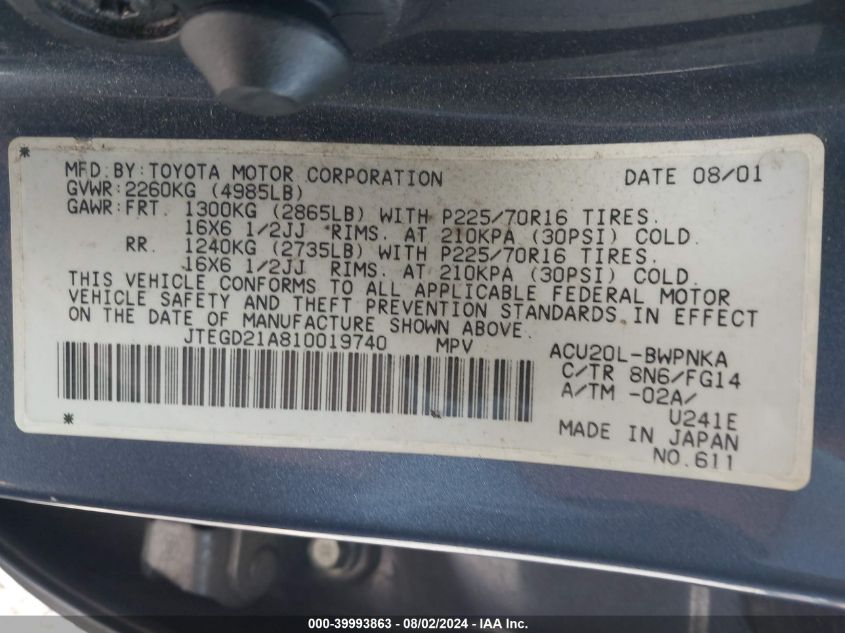 2001 Toyota Highlander VIN: JTEGD21A810019740 Lot: 39993863