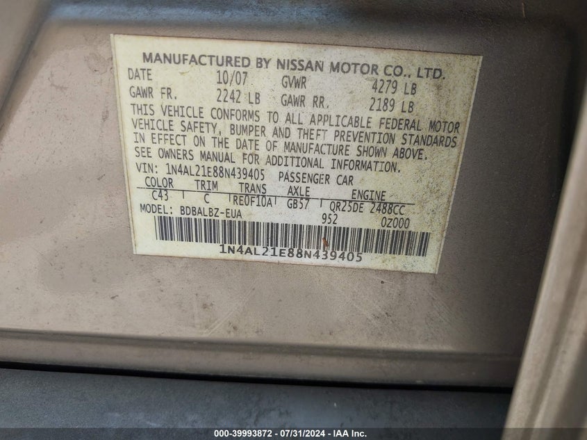 2008 Nissan Altima 2.5 S VIN: 1N4AL21E88N439405 Lot: 39993872