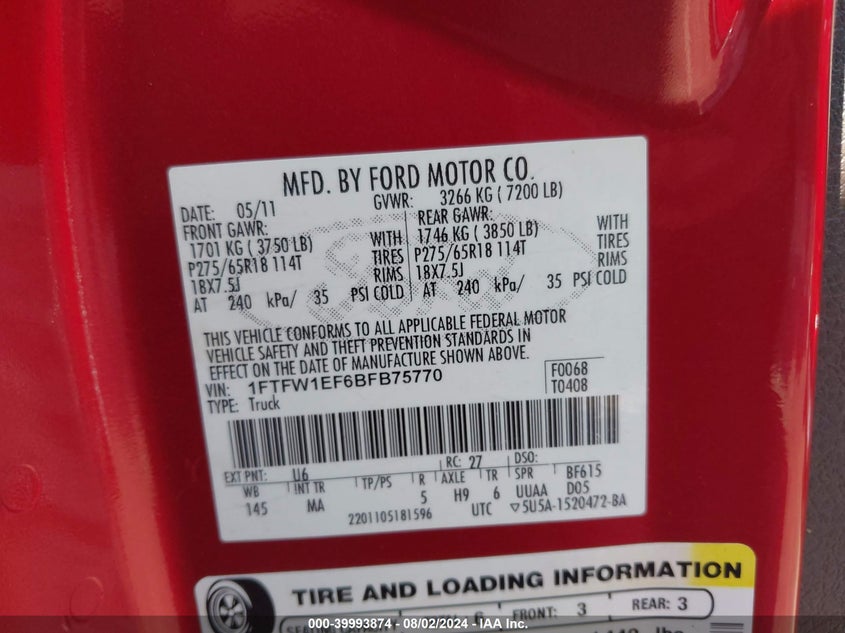 2011 Ford F-150 Xlt VIN: 1FTFW1EF6BFB75770 Lot: 39993874