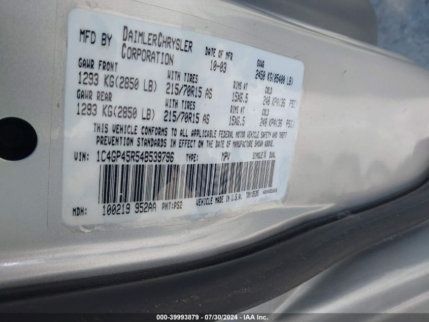 2004 Chrysler Town & Country VIN: 1C4GP45R54B539796 Lot: 39993879