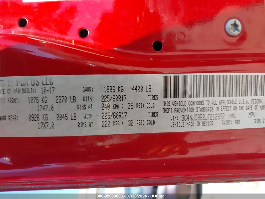 2018 Jeep Compass Latitude Fwd VIN: 3C4NJCBB2JT212972 Lot: 39993893