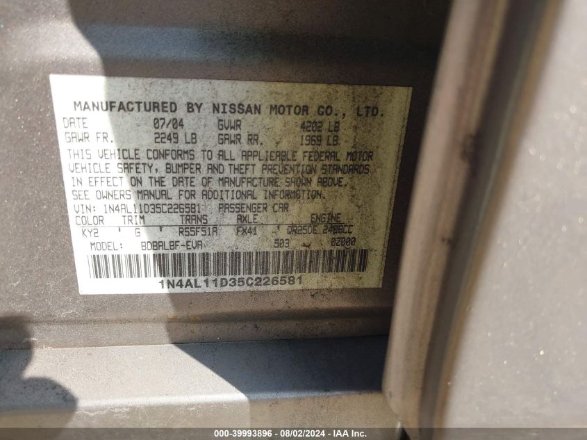 2005 Nissan Altima S/Sl VIN: 1N4AL11D35C226581 Lot: 39993896