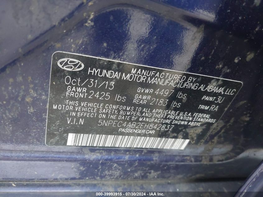 5NPEC4AB2EH842837 2014 Hyundai Sonata Se 2.0T