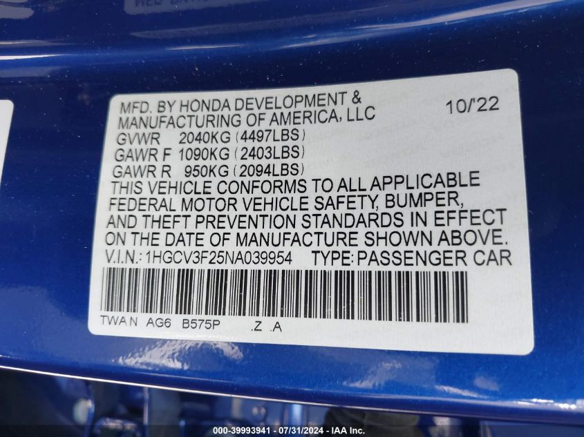 2022 Honda Accord Hybrid Sport VIN: 1HGCV3F25NA039954 Lot: 39993941