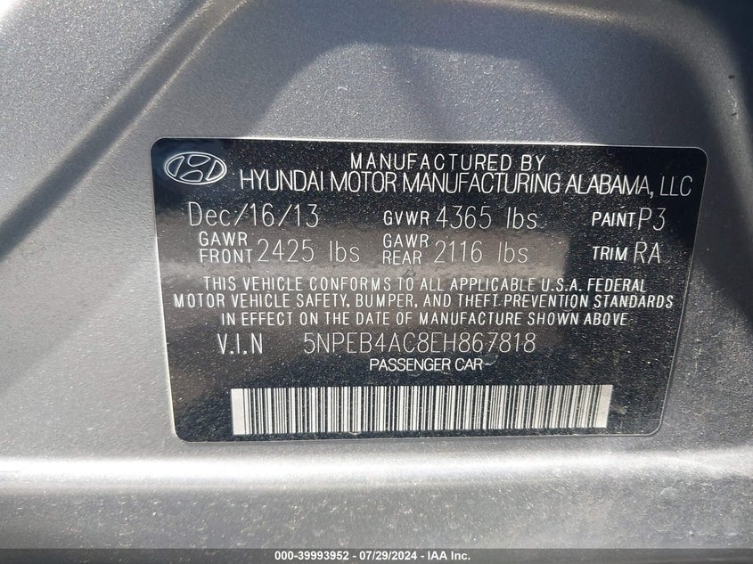 2014 Hyundai Sonata Gls VIN: 5NPEB4AC8EH867818 Lot: 39993952