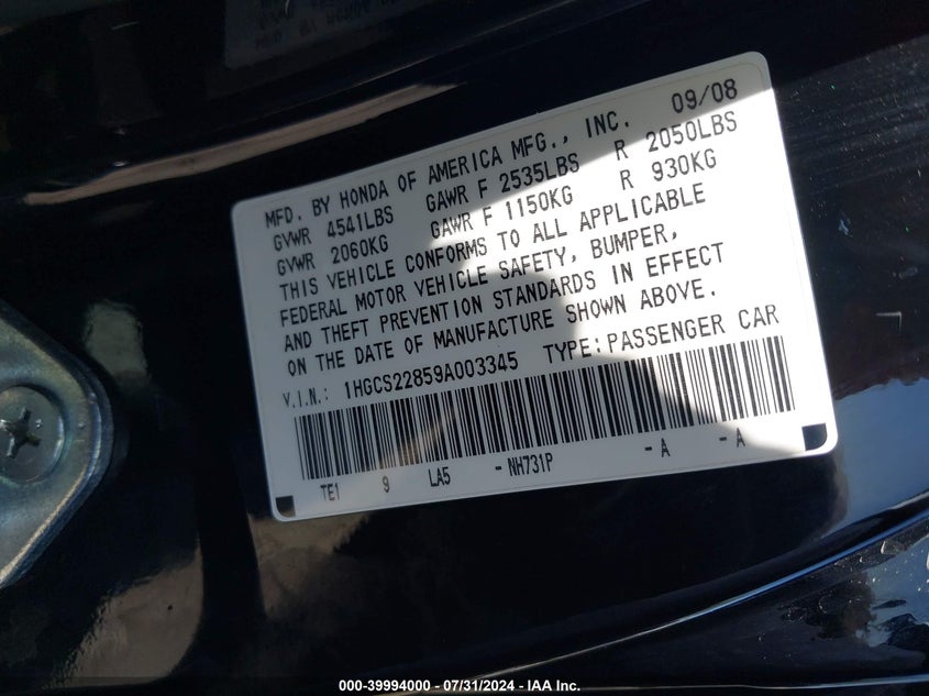2009 Honda Accord 3.5 Ex-L VIN: 1HGCS22859A003345 Lot: 39994000