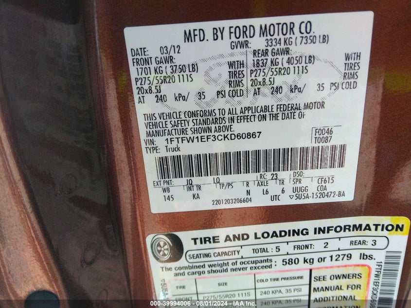 2012 Ford F-150 King Ranch VIN: 1FTFW1EF3CKD60867 Lot: 39994006