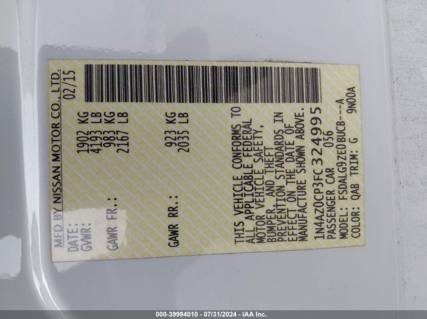 2015 Nissan Leaf Sl VIN: 1N4AZ0CP3FC324995 Lot: 39994010