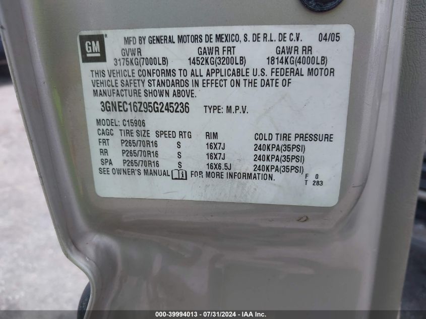 2005 Chevrolet Suburban 1500 Ls VIN: 3GNEC16Z95G245236 Lot: 39994013