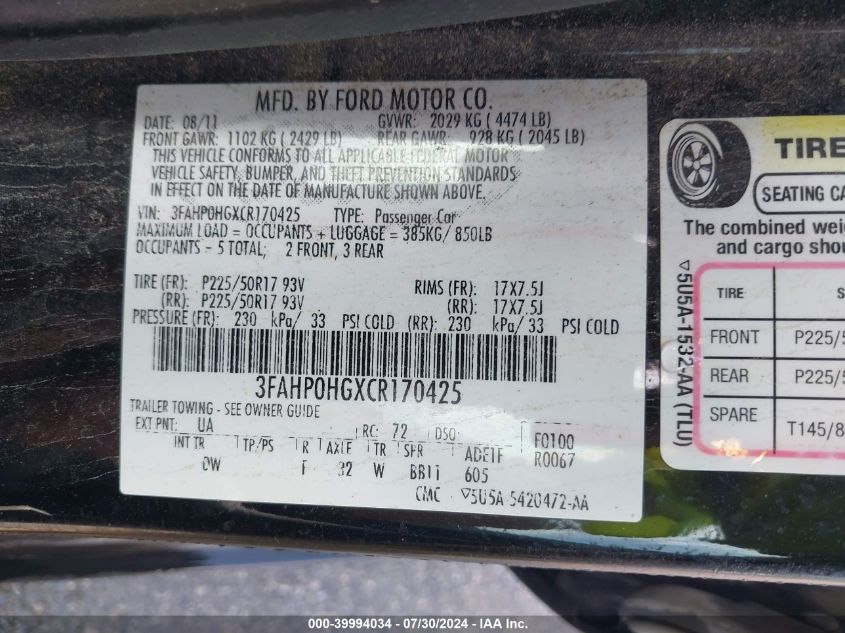 2012 Ford Fusion Se VIN: 3FAHP0HGXCR170425 Lot: 39994034