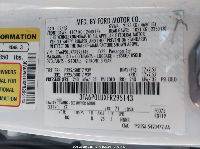 2015 Ford Fusion Hybrid Se VIN: 3FA6P0LUXFR295143 Lot: 39994036