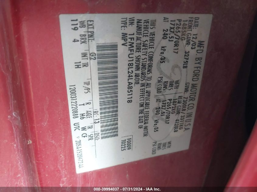 2004 Ford Expedition Eddie Bauer VIN: 1FMFU18L24LA85118 Lot: 39994037