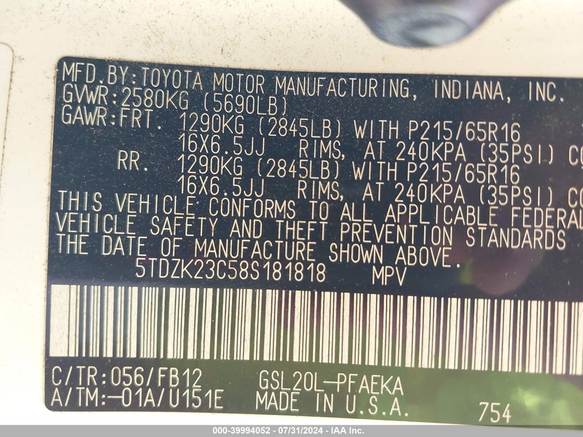 2008 Toyota Sienna Ce VIN: 5TDZK23C58S181818 Lot: 39994052