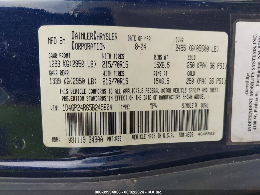 2005 Dodge Grand Caravan Se VIN: 1D4GP24R65B245804 Lot: 39994055