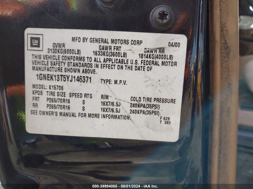 2000 Chevrolet Tahoe K1500 VIN: 1GNEK13T5YJ146371 Lot: 39994065