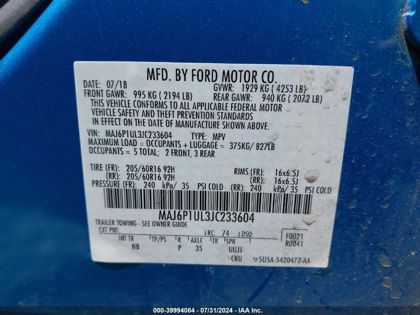 2018 Ford Ecosport Se VIN: MAJ6P1UL3JC233604 Lot: 39994084