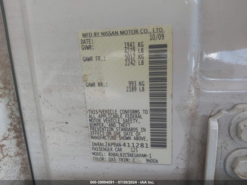 2010 Nissan Altima 2.5 S VIN: 1N4AL2AP9AN411281 Lot: 39994091