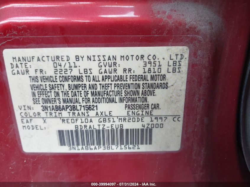 2011 Nissan Sentra 2.0Sr VIN: 3N1AB6AP3BL715621 Lot: 39994097