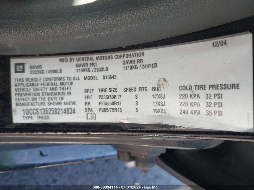 2005 Chevrolet Colorado Ls VIN: 1GCCS136258214834 Lot: 39994114