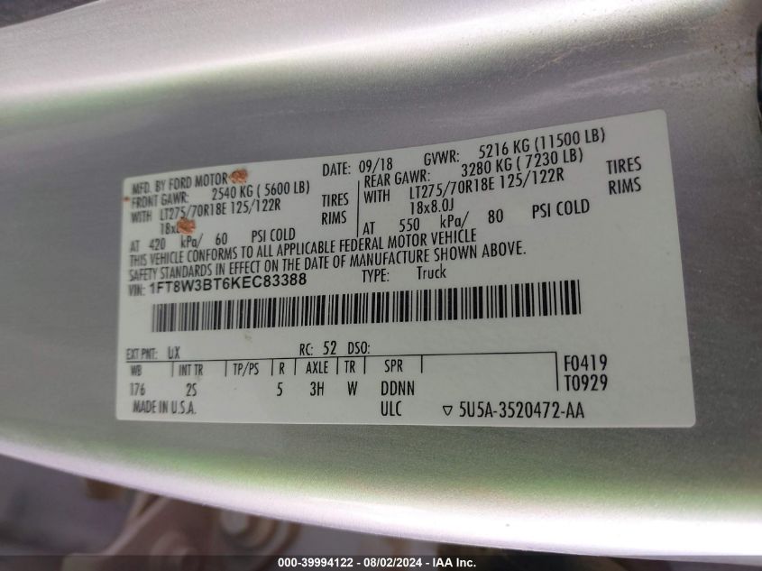 2019 Ford F350 Super Duty VIN: 1FT8W3BT6KEC83388 Lot: 39994122