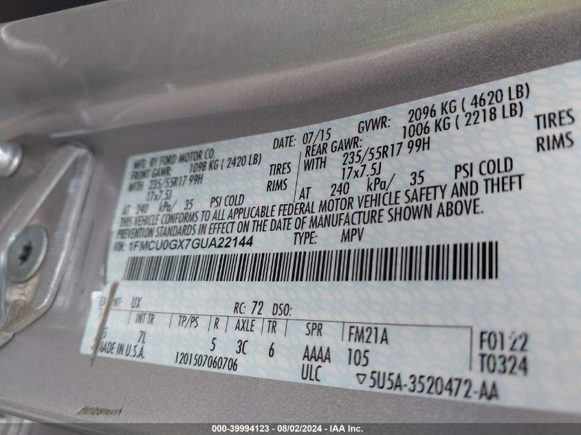 2016 Ford Escape Se VIN: 1FMCU0GX7GUA22144 Lot: 39994123