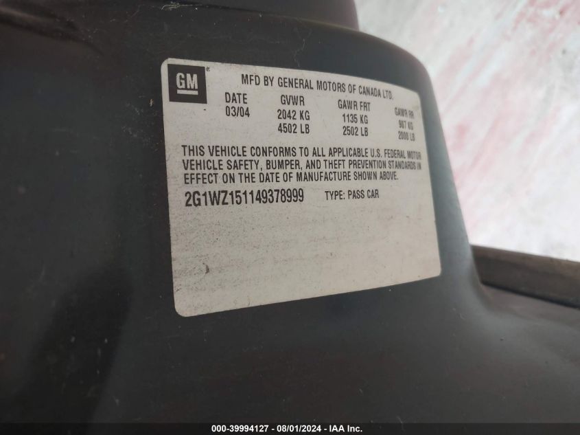 2004 Chevrolet Monte Carlo Ss Supercharged VIN: 2G1WZ151149378999 Lot: 39994127