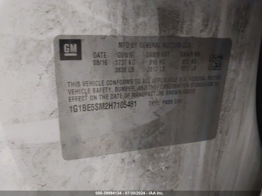 2017 Chevrolet Cruze Lt Auto VIN: 1G1BE5SM2H7105481 Lot: 39994134