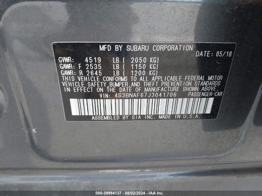 2018 Subaru Legacy 2.5I Premium VIN: 4S3BNAF67J3041706 Lot: 39994137