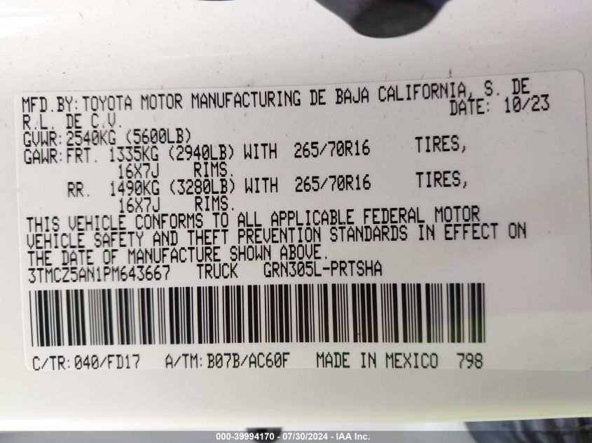 2023 Toyota Tacoma Trd Off Road VIN: 3TMCZ5AN1PM643667 Lot: 39994170