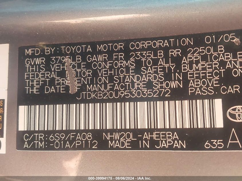 2005 Toyota Prius VIN: JTDKB20U953035272 Lot: 39994175