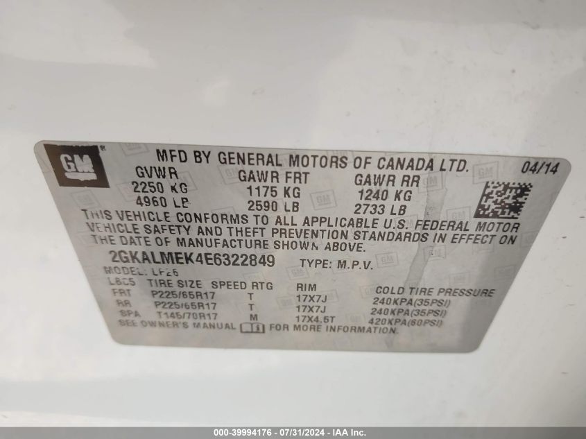 2014 GMC Terrain Sle VIN: 2GKALMEK4E6322849 Lot: 39994176