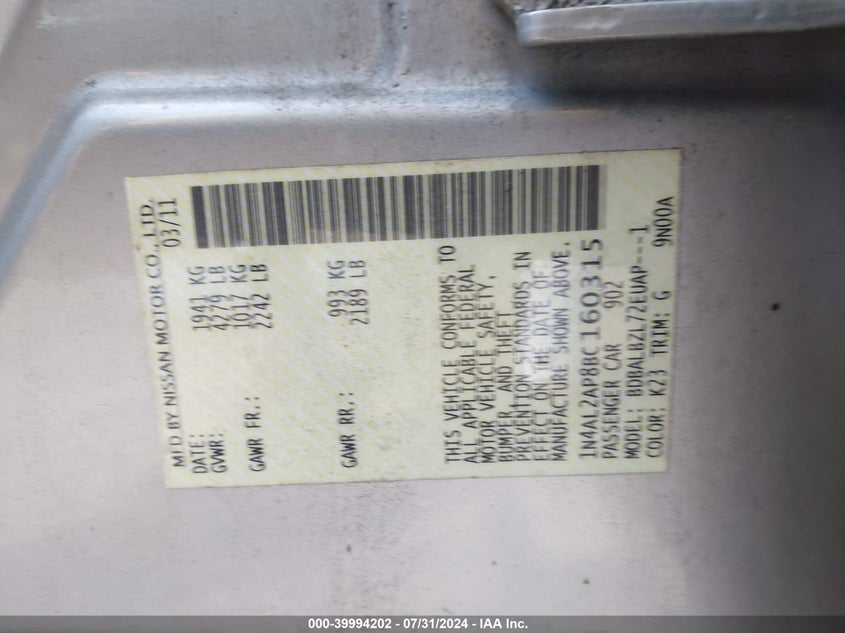 2011 Nissan Altima 2.5 S VIN: 1N4AL2AP8BC160315 Lot: 39994202