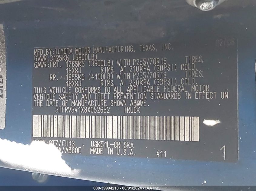 2008 Toyota Tundra Base 5.7L V8/Sr5 5.7L V8 VIN: 5TFRV541X8X052652 Lot: 39994210