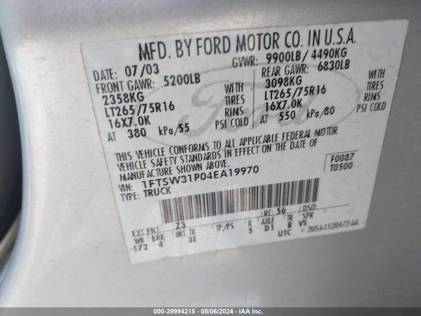 2004 Ford F-350 Lariat/Xl/Xlt VIN: 1FTSW31P04EA19970 Lot: 39994215