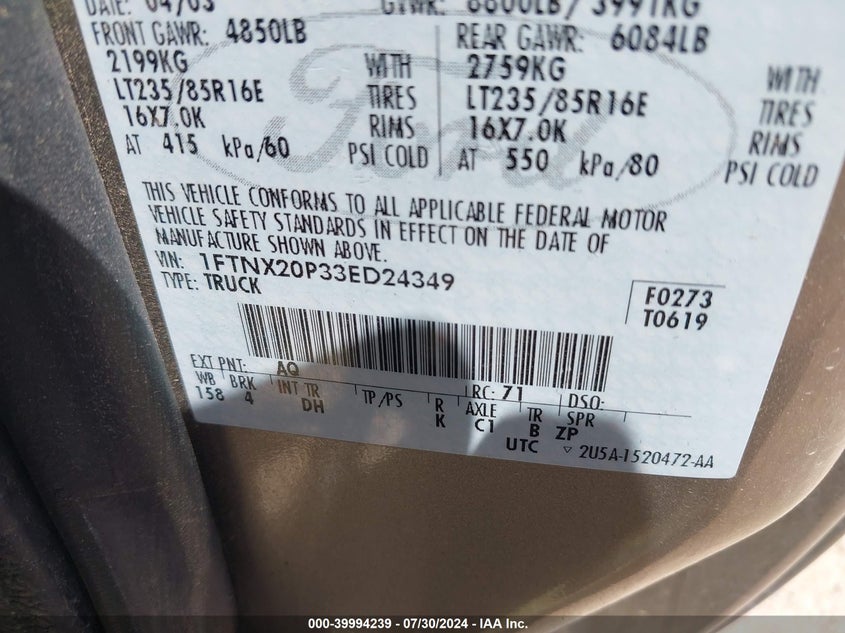 2003 Ford F-250 Lariat/Xl/Xlt VIN: 1FTNX20P33ED24349 Lot: 39994239