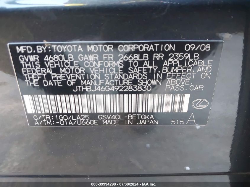 2009 Lexus Es 350 VIN: JTHBJ46G492283830 Lot: 39994290