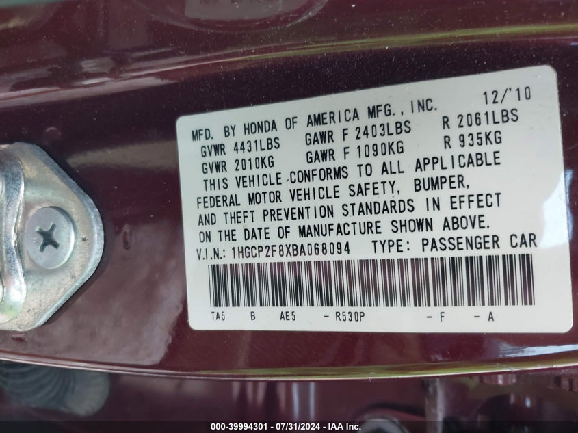 2011 Honda Accord 2.4 Ex-L VIN: 1HGCP2F8XBA068094 Lot: 39994301