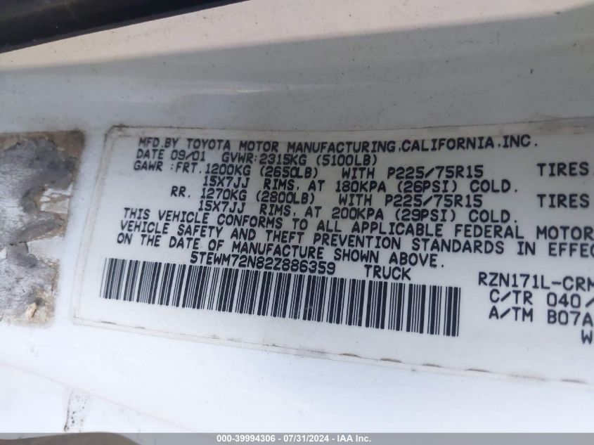 2002 Toyota Tacoma VIN: 5TEWM72N82Z886359 Lot: 39994306