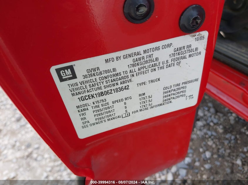 2006 Chevrolet Silverado 1500 Lt1 VIN: 1GCEK19B06Z183642 Lot: 39994316