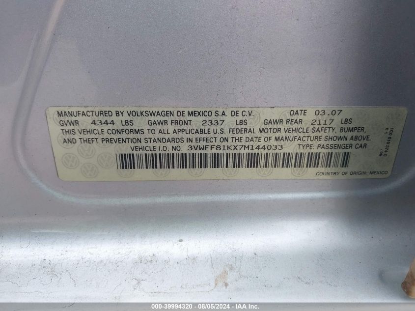 2007 Volkswagen Jetta Wolfsburg Edition VIN: 3VWEF81KX7M144033 Lot: 39994320