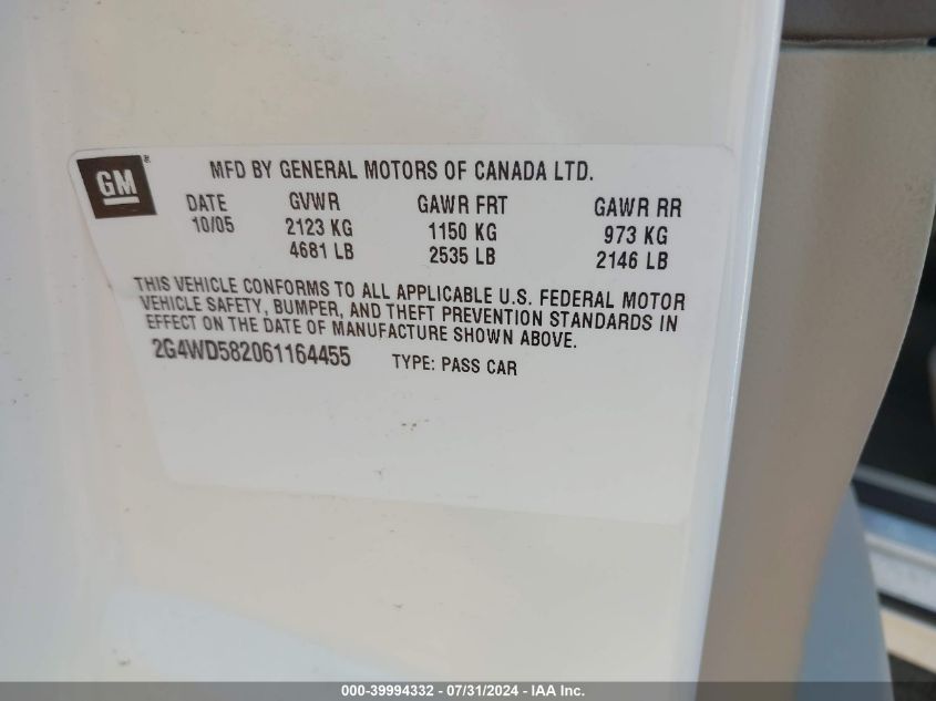 2006 Buick Lacrosse Cxl VIN: 2G4WD582061164455 Lot: 39994332