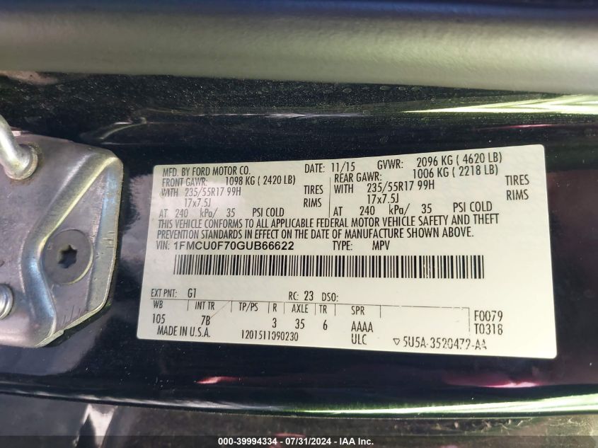 2016 Ford Escape S VIN: 1FMCU0F70GUB66622 Lot: 39994334