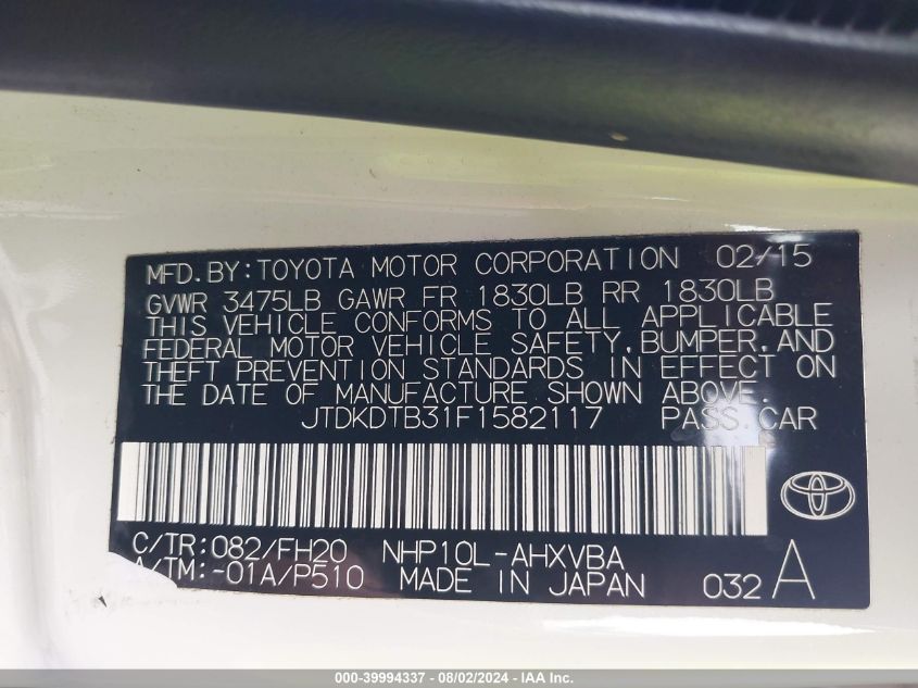 2015 Toyota Prius C One VIN: JTDKDTB31F1582117 Lot: 39994337