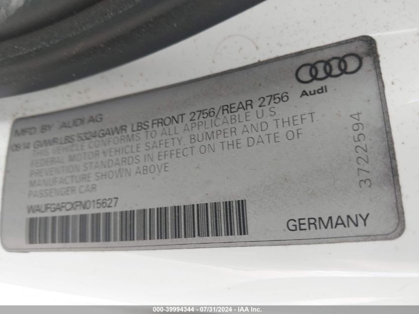 2015 Audi A6 Premium Plus VIN: WAUFGAFCXFN015627 Lot: 39994344