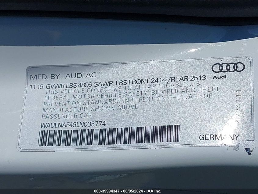 2020 Audi A4 Premium Plus 45 Tfsi Quattro S Tronic VIN: WAUENAF49LN005774 Lot: 39994347