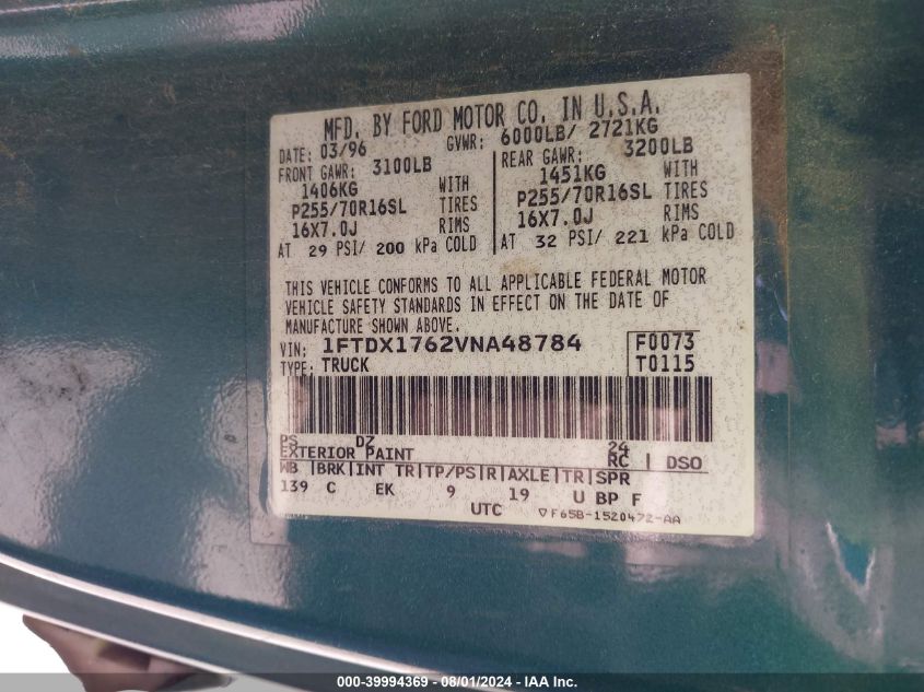 1997 Ford F-150 Lariat/Standard/Xl/Xlt VIN: 1FTDX1762VNA48784 Lot: 39994369