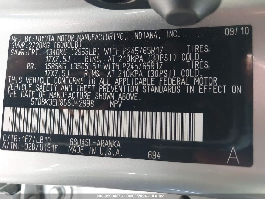 2011 Toyota Highlander Se V6 VIN: 5TDBK3EH8BS042998 Lot: 39994376